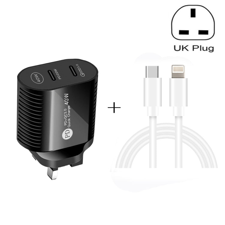 40W Dual Port PD / Type-C Fast Charger with Type-C to 8 Pin Data Cable, UK Plug, UK Plug + Type-C to 8 Pin Cable