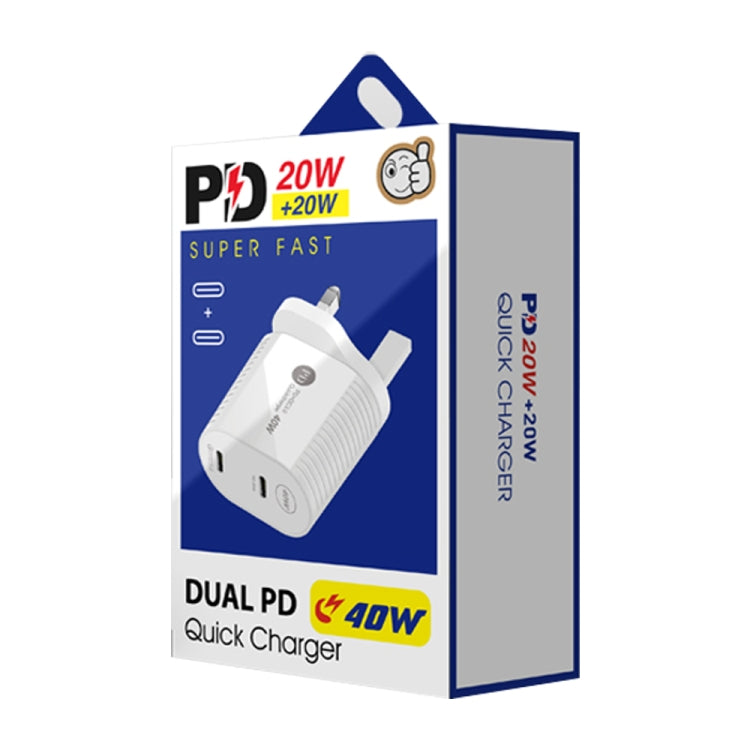 Chargeur rapide 40 W double port PD/Type-C avec câble de données Type-C vers 8 broches, prise britannique, prise britannique + câble Type-C vers 8 broches