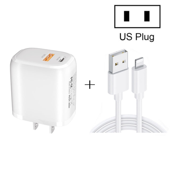 Chargeur rapide portable mini CS-20W PD3.0 + QC3.0 à deux ports avec câble de données USB 3 A vers 8 broches, chargeur + câble USB vers 8 broches