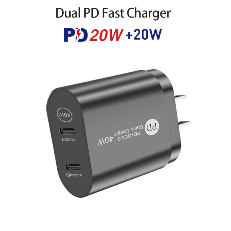 Chargeur rapide 40 W double port PD/Type-C avec câble de données USB-C vers 8 broches, prise américaine, prise américaine + câble Type-C vers 8 broches
