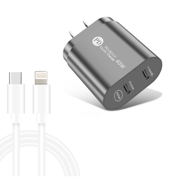 Chargeur rapide 40 W double port PD/Type-C avec câble de données USB-C vers 8 broches, prise américaine, prise américaine + câble Type-C vers 8 broches