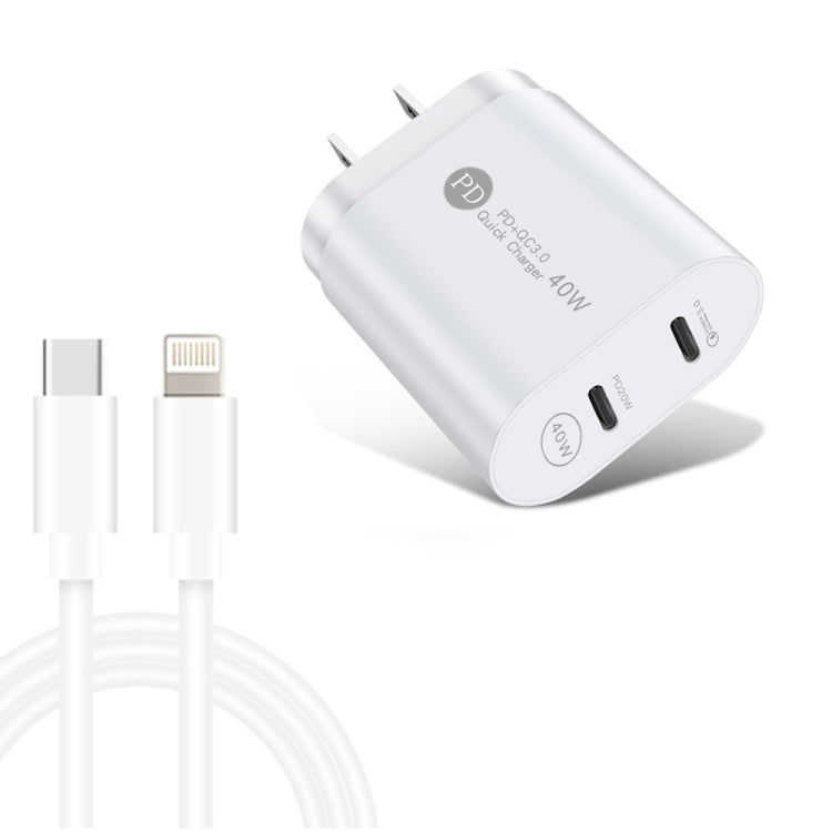Chargeur rapide 40 W double port PD/Type-C avec câble de données USB-C vers 8 broches, prise américaine, prise américaine + câble Type-C vers 8 broches