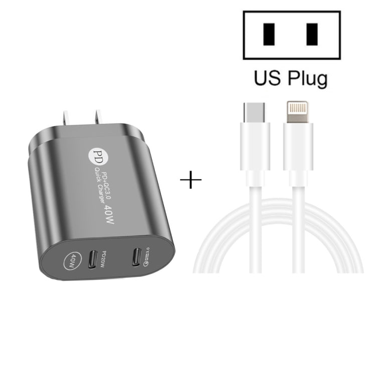 Chargeur rapide 40 W double port PD/Type-C avec câble de données USB-C vers 8 broches, prise américaine, prise américaine + câble Type-C vers 8 broches