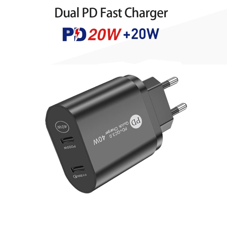 Chargeur rapide 40 W double port PD/Type-C avec câble de données USB-C vers 8 broches, prise UE, prise UE + câble Type-C vers 8 broches