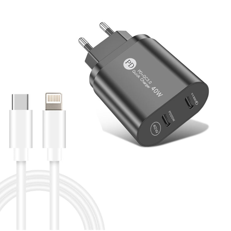 Chargeur rapide 40 W double port PD/Type-C avec câble de données USB-C vers 8 broches, prise UE, prise UE + câble Type-C vers 8 broches
