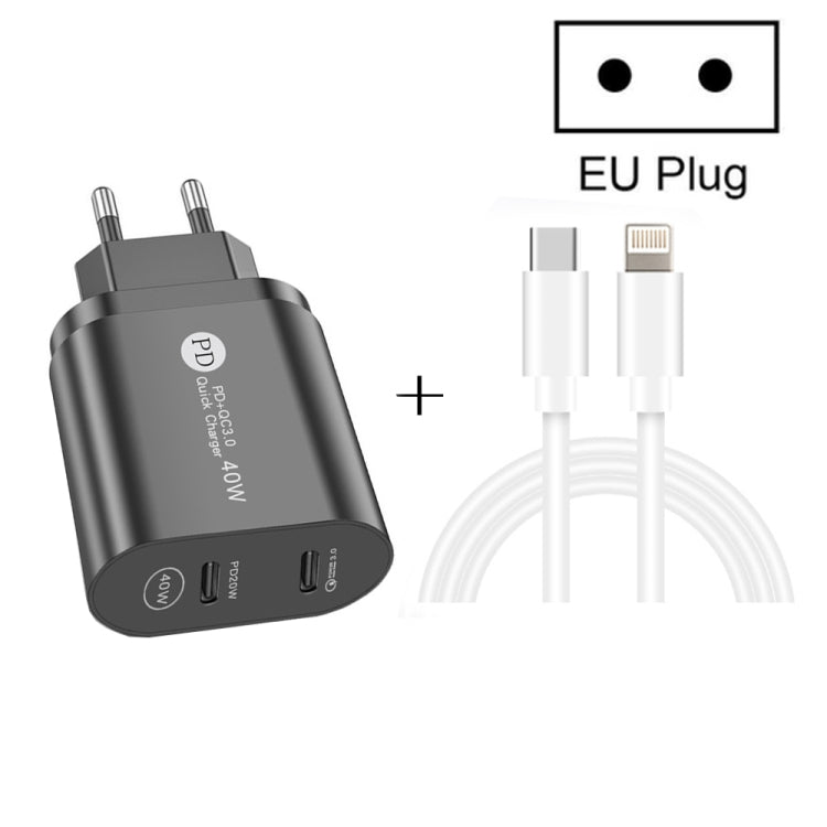 Chargeur rapide 40 W double port PD/Type-C avec câble de données USB-C vers 8 broches, prise UE, prise UE + câble Type-C vers 8 broches