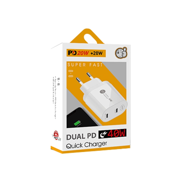 Chargeur rapide 40 W double port PD/Type-C avec câble de données USB-C vers 8 broches, prise UE, prise UE + câble Type-C vers 8 broches