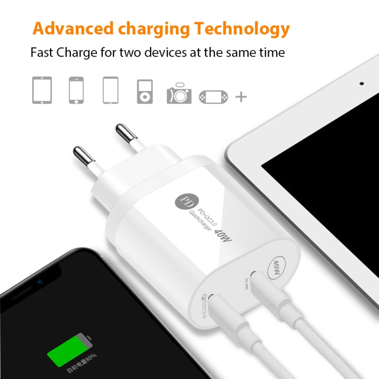 Chargeur rapide 40 W double port PD/Type-C avec câble de données USB-C vers 8 broches, prise UE, prise UE + câble Type-C vers 8 broches
