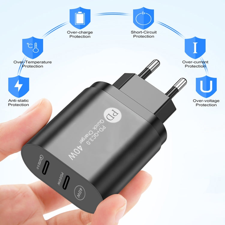 Chargeur rapide 40 W double port PD/Type-C avec câble de données USB-C vers 8 broches, prise UE, prise UE + câble Type-C vers 8 broches