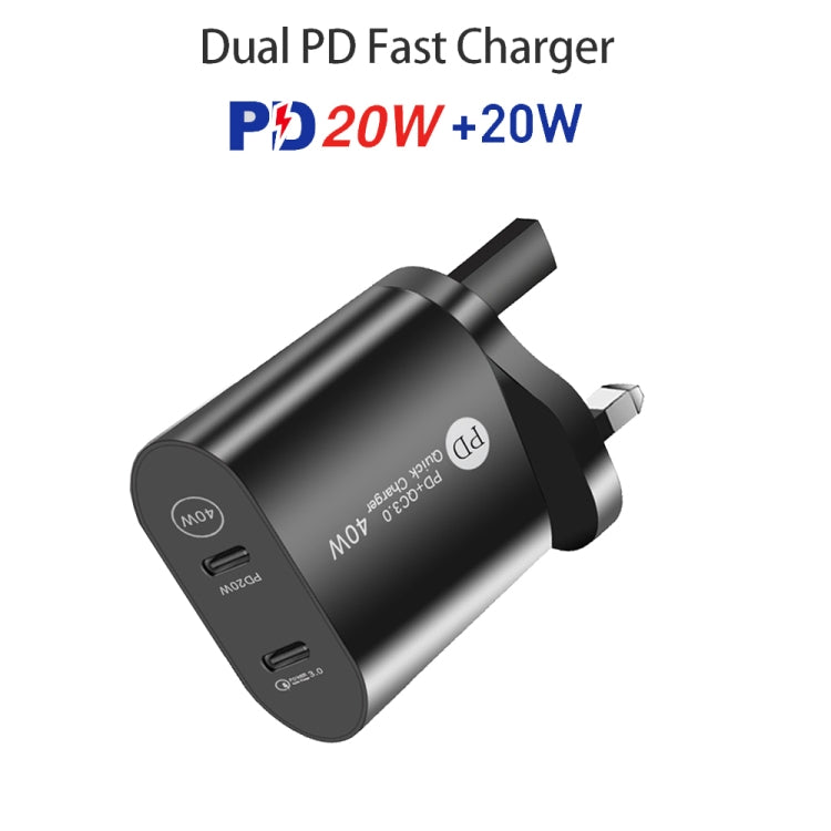 Chargeur rapide 40 W double port PD/Type-C avec câble de données USB-C vers 8 broches, prise britannique, prise britannique + câble Type-C vers 8 broches