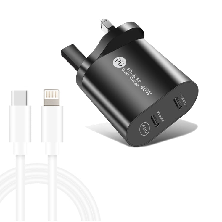 Chargeur rapide 40 W double port PD/Type-C avec câble de données USB-C vers 8 broches, prise britannique, prise britannique + câble Type-C vers 8 broches