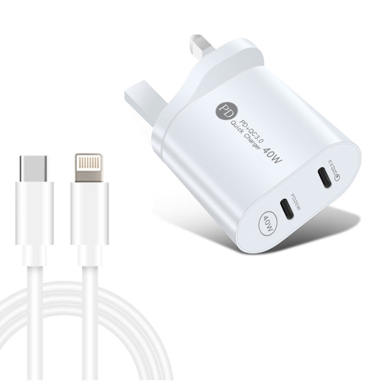 002 40W Dual Port PD / Type-C Fast Charger with USB-C to 8 Pin Data Cable, UK Plug, UK Plug + Type-C to 8 Pin Cable