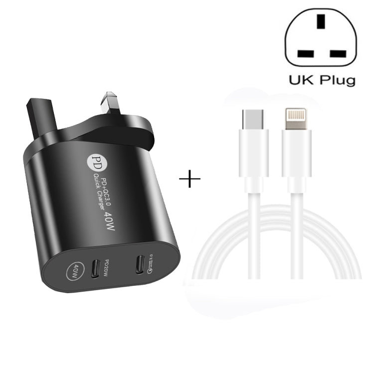 002 40W Dual Port PD / Type-C Fast Charger with USB-C to 8 Pin Data Cable, UK Plug, UK Plug + Type-C to 8 Pin Cable