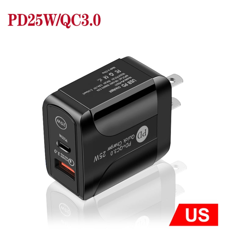 PD25W USB-C / Type-C + QC3.0 USB Dual Ports Fast Charger, US Plug, US Plug