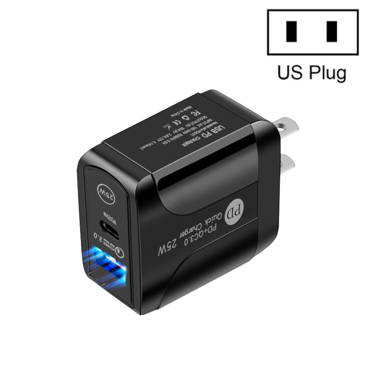 PD25W USB-C / Type-C + QC3.0 USB Dual Ports Fast Charger, US Plug, US Plug