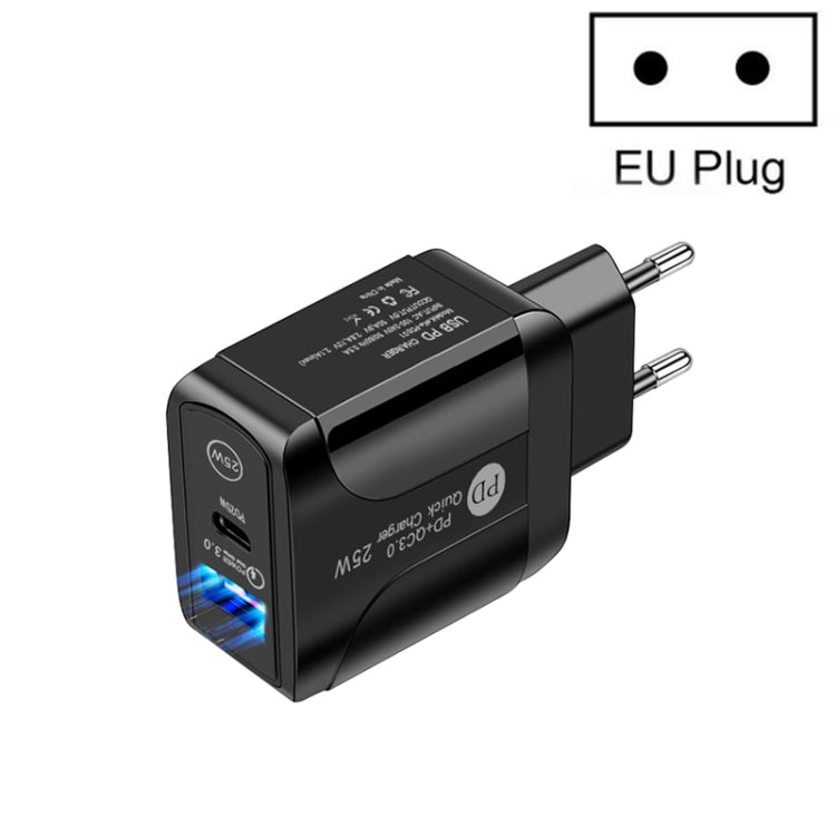 PD25W USB-C / Type-C + QC3.0 USB Dual Ports Fast Charger, EU Plug, EU Plug