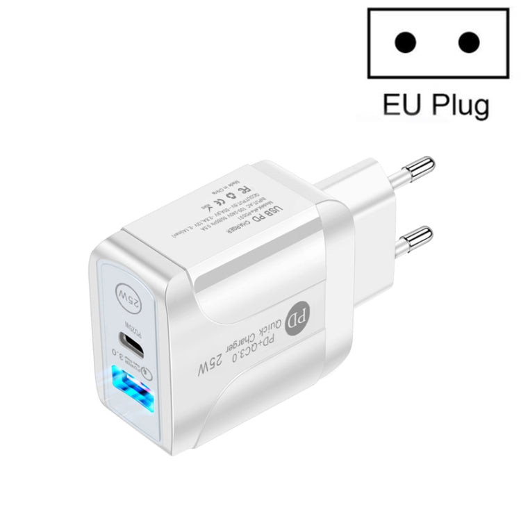 PD25W USB-C / Type-C + QC3.0 USB Dual Ports Fast Charger, EU Plug, EU Plug