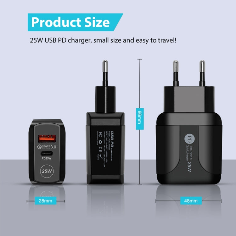 PD25W USB-C / Type-C + QC3.0 USB Dual Ports Fast Charger, EU Plug, EU Plug