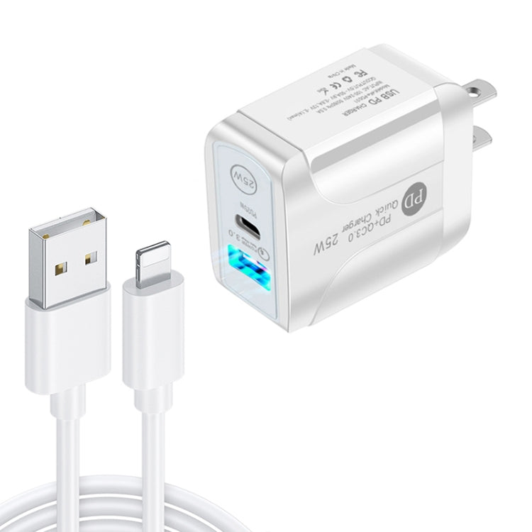 Chargeur rapide PD25W USB-C / Type-C + QC3.0 USB double ports avec câble de données USB vers 8 broches, prise américaine, prise américaine + câble USB vers 8 broches