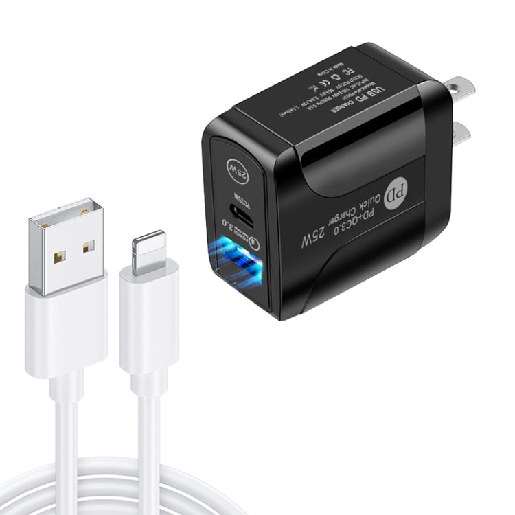 Chargeur rapide PD25W USB-C / Type-C + QC3.0 USB double ports avec câble de données USB vers 8 broches, prise américaine, prise américaine + câble USB vers 8 broches