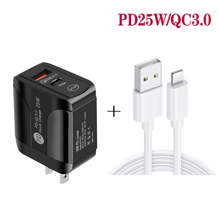PD25W USB-C / Type-C + QC3.0 USB Dual Ports Fast Charger with USB to 8 Pin Data Cable, US Plug, US Plug + USB to 8 Pin Cable
