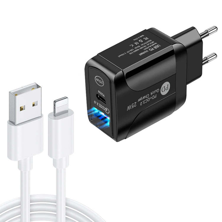 PD25W USB-C / Type-C + QC3.0 USB Dual Ports Fast Charger with USB to 8 Pin Data Cable, EU Plug, EU Plug + USB to 8 Pin Cable