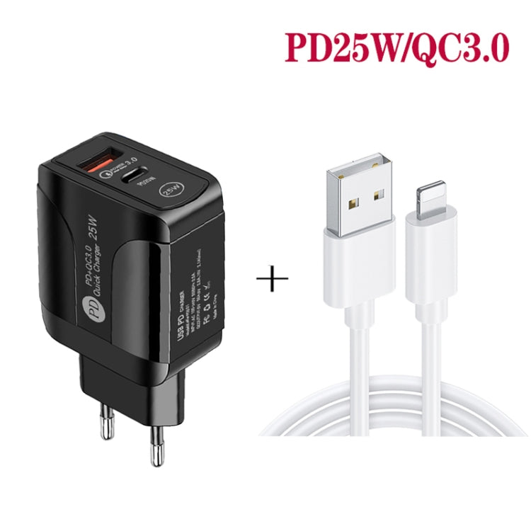 PD25W USB-C / Type-C + QC3.0 USB Dual Ports Fast Charger with USB to 8 Pin Data Cable, EU Plug, EU Plug + USB to 8 Pin Cable