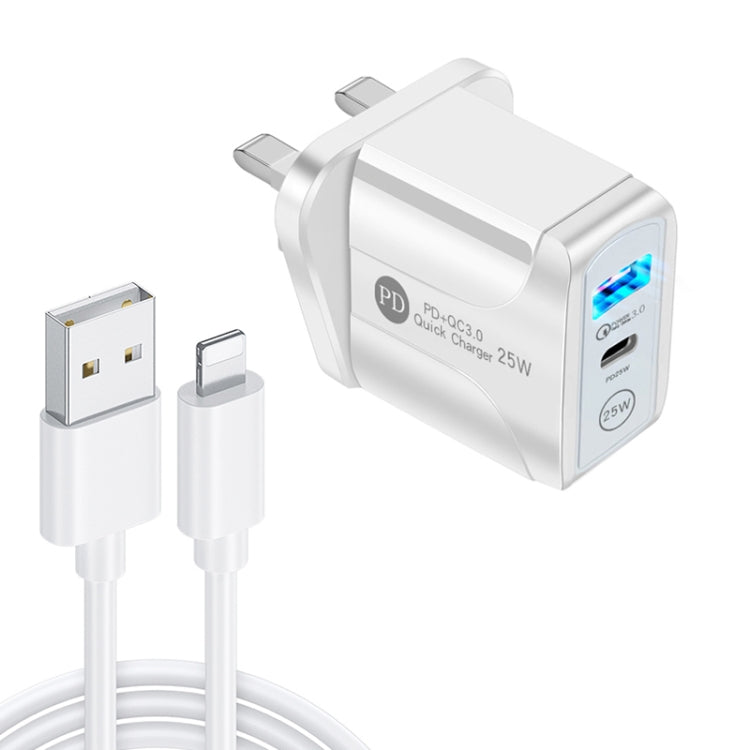 Chargeur rapide PD25W USB-C / Type-C + QC3.0 USB double port avec câble de données USB vers 8 broches, prise britannique, prise britannique + câble USB vers 8 broches