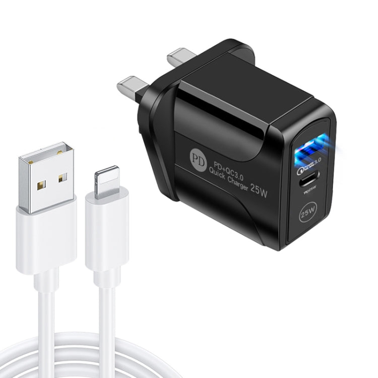 Chargeur rapide PD25W USB-C / Type-C + QC3.0 USB double port avec câble de données USB vers 8 broches, prise britannique, prise britannique + câble USB vers 8 broches