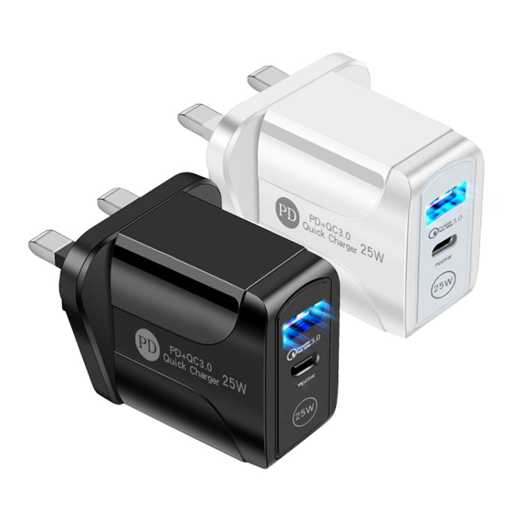 Chargeur rapide PD25W USB-C / Type-C + QC3.0 USB double port avec câble de données USB vers 8 broches, prise britannique, prise britannique + câble USB vers 8 broches