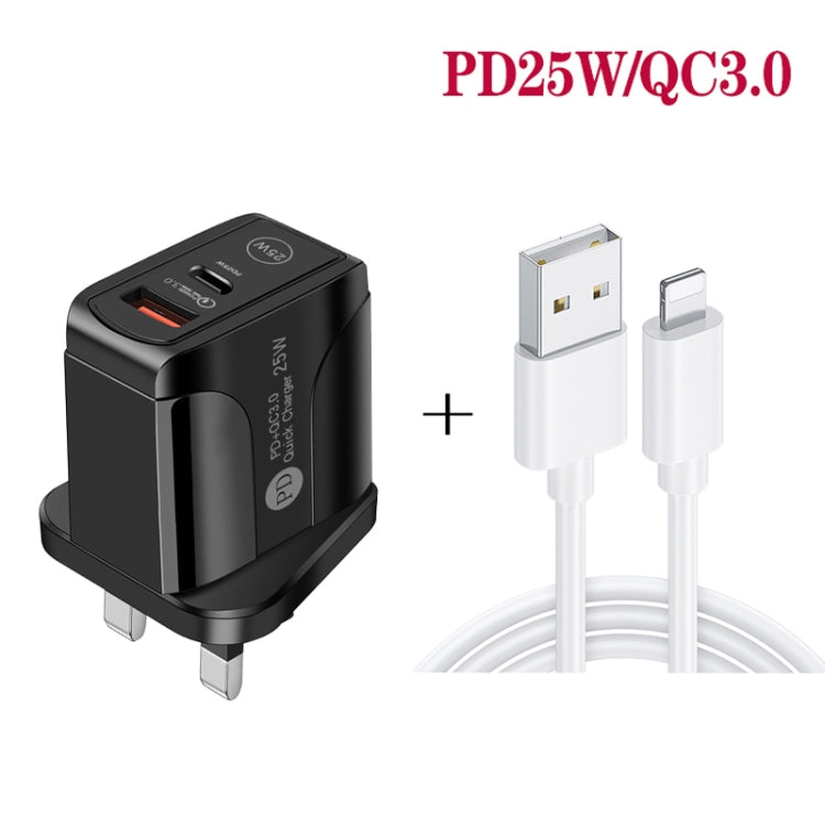 PD25W USB-C / Type-C + QC3.0 USB Dual Ports Fast Charger with USB to 8 Pin Data Cable, UK Plug, UK Plug + USB to 8 Pin Cable