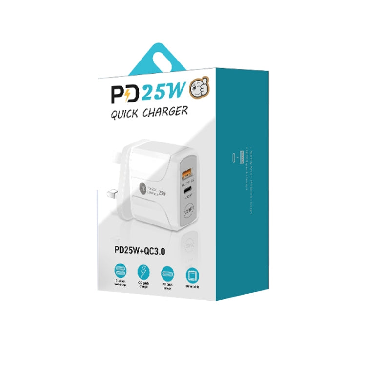 Chargeur rapide PD25W USB-C / Type-C + QC3.0 USB double port avec câble de données USB vers 8 broches, prise britannique, prise britannique + câble USB vers 8 broches