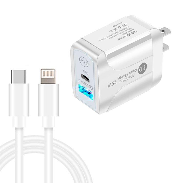 Chargeur rapide PD25W USB-C / Type-C + QC3.0 USB double ports avec câble de données USB-C vers 8 broches, prise américaine, prise américaine + câble USB-C vers 8 broches