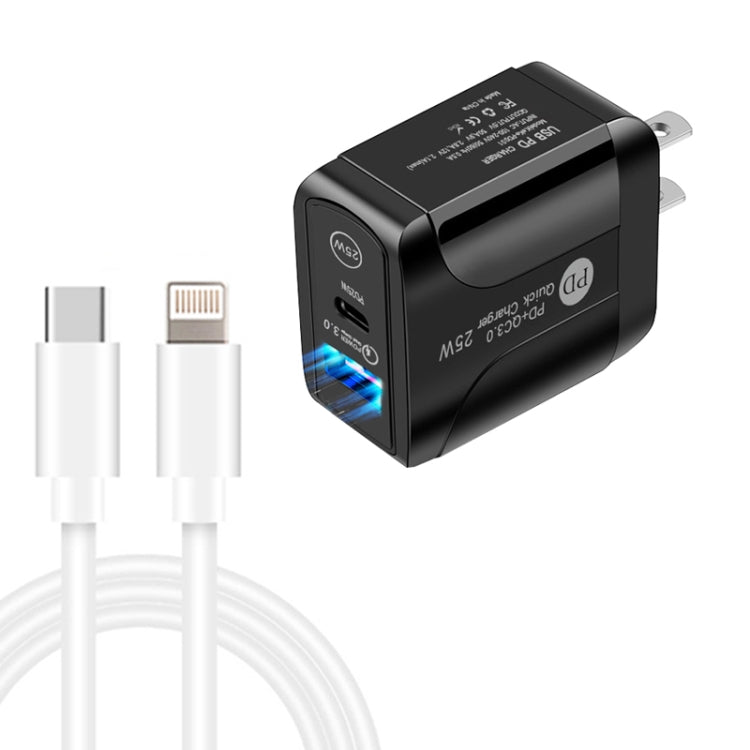 Chargeur rapide PD25W USB-C / Type-C + QC3.0 USB double ports avec câble de données USB-C vers 8 broches, prise américaine, prise américaine + câble USB-C vers 8 broches