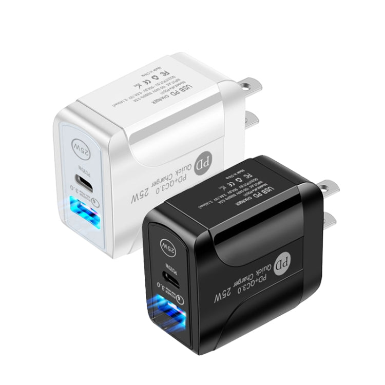 Chargeur rapide PD25W USB-C / Type-C + QC3.0 USB double ports avec câble de données USB-C vers 8 broches, prise américaine, prise américaine + câble USB-C vers 8 broches