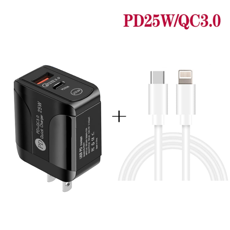 Chargeur rapide PD25W USB-C / Type-C + QC3.0 USB double ports avec câble de données USB-C vers 8 broches, prise américaine, prise américaine + câble USB-C vers 8 broches