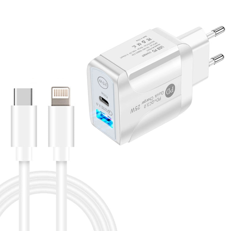 Chargeur rapide PD25W USB-C / Type-C + QC3.0 USB double ports avec câble de données USB-C vers 8 broches, prise UE, prise UE + câble USB-C vers 8 broches