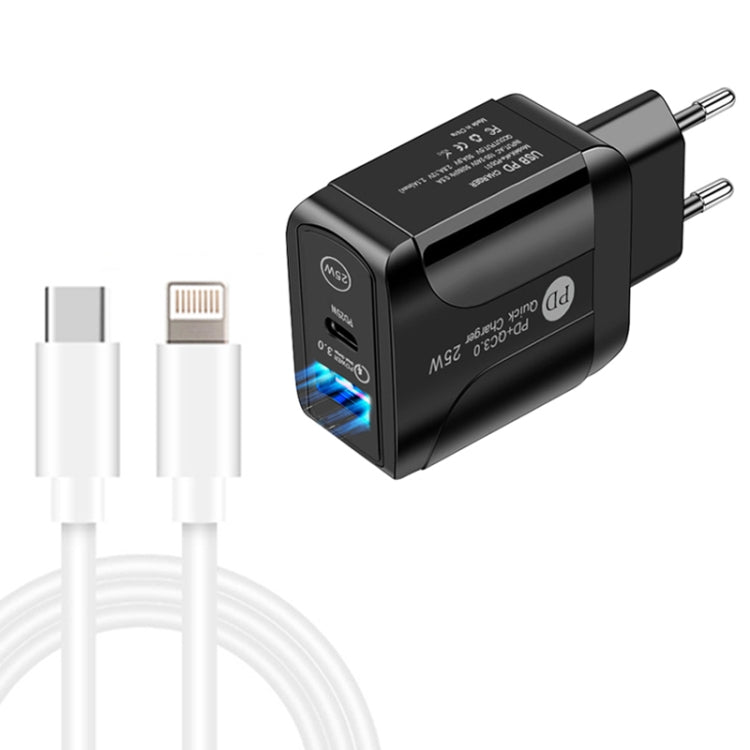 Chargeur rapide PD25W USB-C / Type-C + QC3.0 USB double ports avec câble de données USB-C vers 8 broches, prise UE, prise UE + câble USB-C vers 8 broches