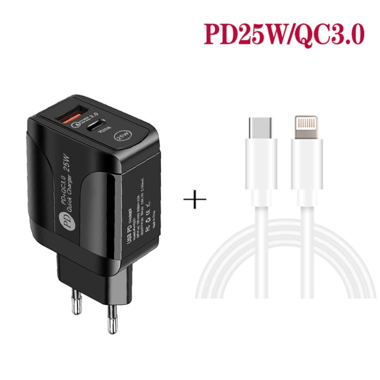 Chargeur rapide PD25W USB-C / Type-C + QC3.0 USB double ports avec câble de données USB-C vers 8 broches, prise UE, prise UE + câble USB-C vers 8 broches