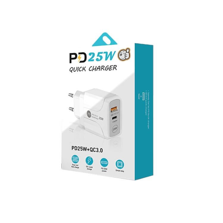 Chargeur rapide PD25W USB-C / Type-C + QC3.0 USB double ports avec câble de données USB-C vers 8 broches, prise UE, prise UE + câble USB-C vers 8 broches