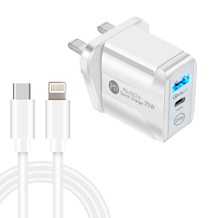 PD25W USB-C / Type-C + QC3.0 USB Dual Ports Fast Charger with USB-C to 8 Pin Data Cable, UK Plug, UK Plug + USB-C to 8 Pin Cable