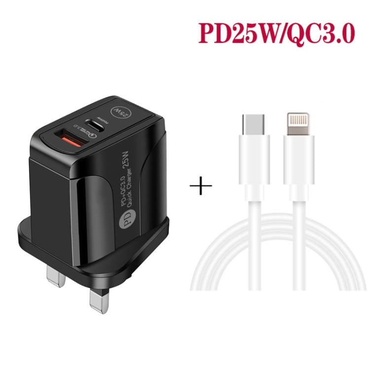 PD25W USB-C / Type-C + QC3.0 USB Dual Ports Fast Charger with USB-C to 8 Pin Data Cable, UK Plug, UK Plug + USB-C to 8 Pin Cable