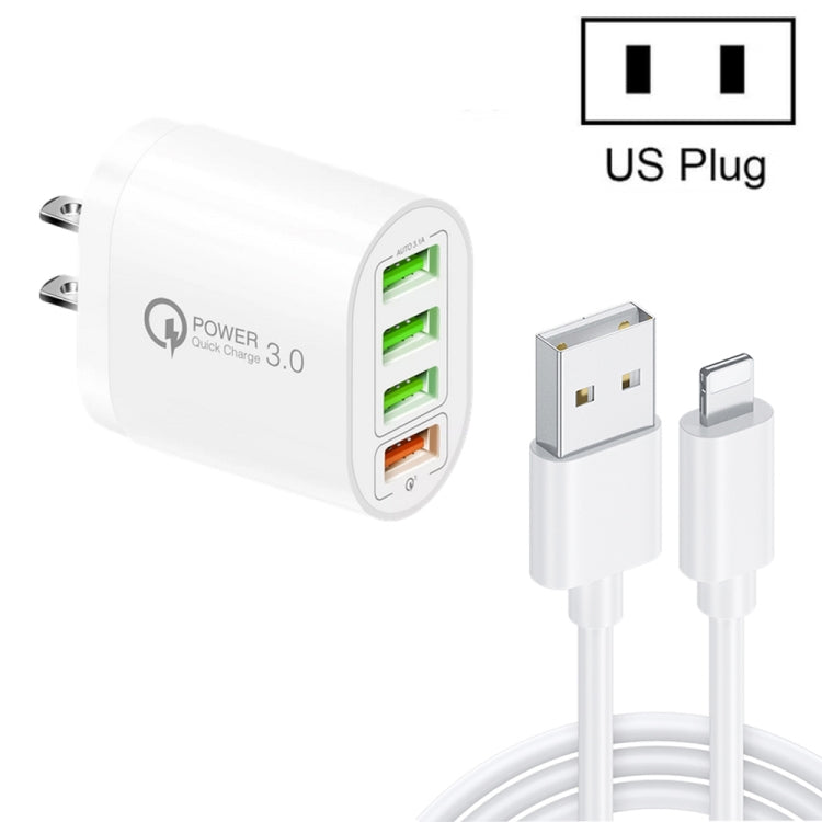 QC-04 QC3.0 + 3 x USB2.0 Multi-ports Charger with 3A USB to 8 Pin Data Cable,US Plug, US Plug + 8 Pin Cable