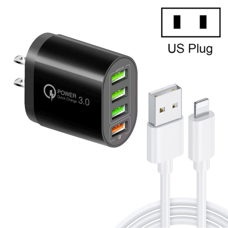 QC-04 QC3.0 + 3 x USB2.0 Multi-ports Charger with 3A USB to 8 Pin Data Cable,US Plug, US Plug + 8 Pin Cable