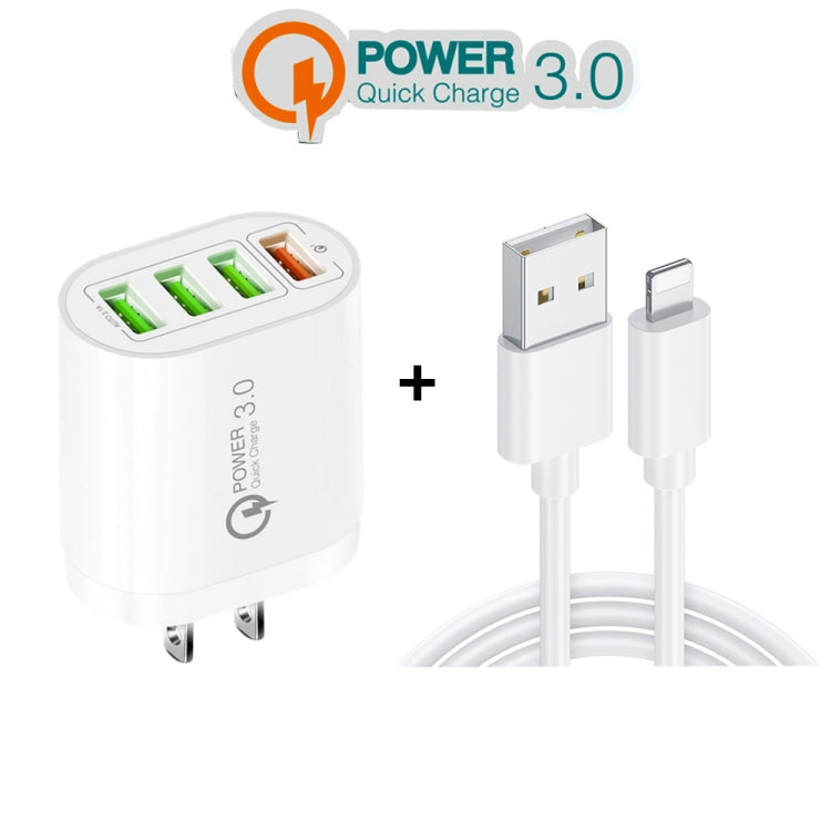 QC-04 QC3.0 + 3 x USB2.0 Multi-ports Charger with 3A USB to 8 Pin Data Cable,US Plug, US Plug + 8 Pin Cable
