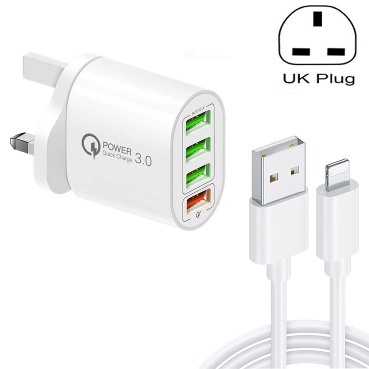 Chargeur multiport QC-04 QC3.0 + 3 x USB 2.0 avec câble de données USB 3 A vers 8 broches, prise britannique, prise britannique + câble 8 broches