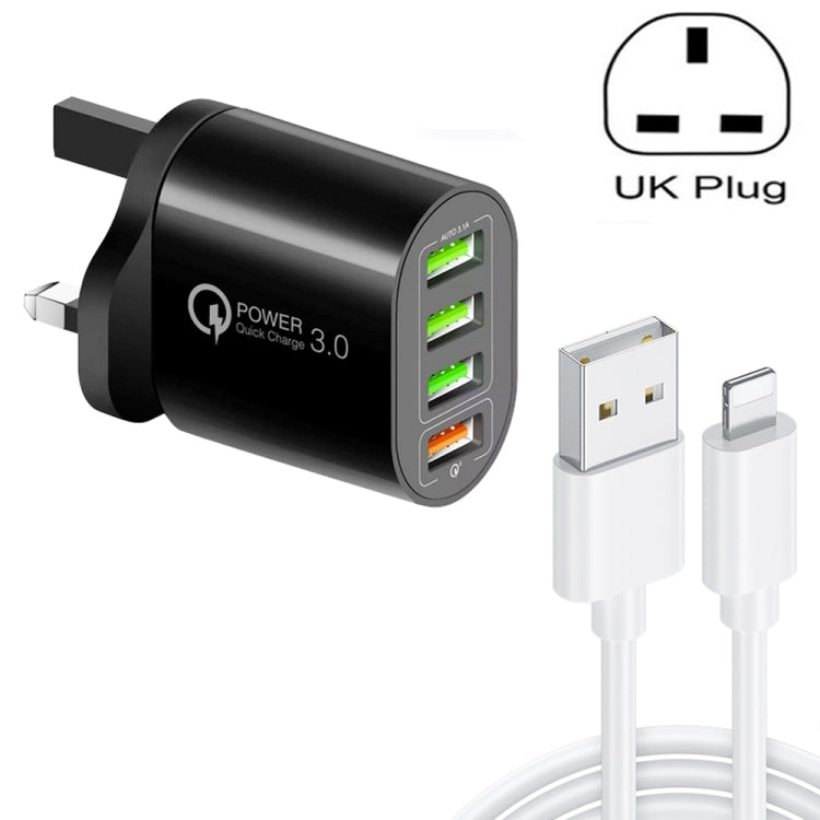 Chargeur multiport QC-04 QC3.0 + 3 x USB 2.0 avec câble de données USB 3 A vers 8 broches, prise britannique, prise britannique + câble 8 broches