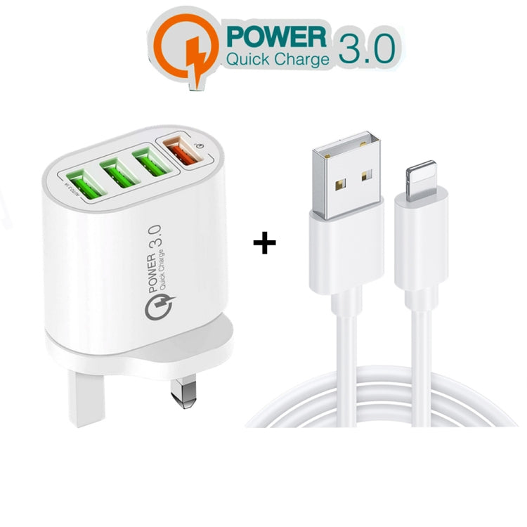 Chargeur multiport QC-04 QC3.0 + 3 x USB 2.0 avec câble de données USB 3 A vers 8 broches, prise britannique, prise britannique + câble 8 broches