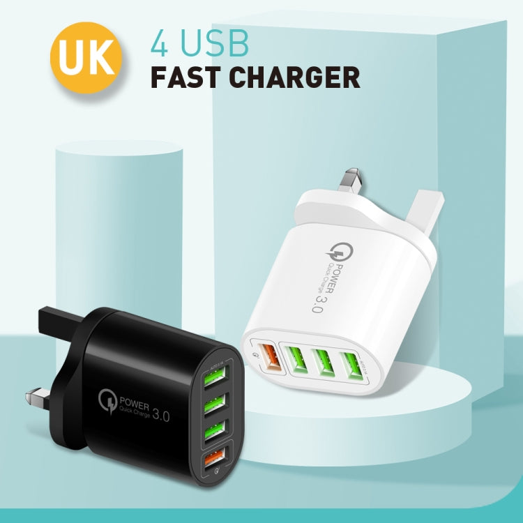 Chargeur multiport QC-04 QC3.0 + 3 x USB 2.0 avec câble de données USB 3 A vers 8 broches, prise britannique, prise britannique + câble 8 broches