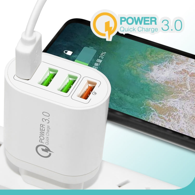 Chargeur multiport QC-04 QC3.0 + 3 x USB 2.0 avec câble de données USB 3 A vers 8 broches, prise britannique, prise britannique + câble 8 broches